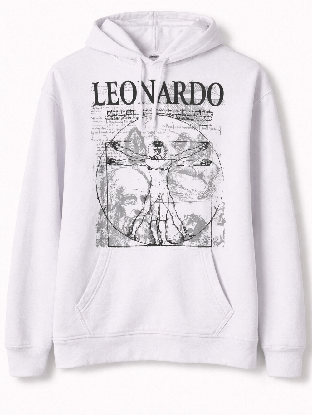 Leonardo Da Vinci Vitruvian Man Graphic Hoodie White Pullover Sweatshirt Size M